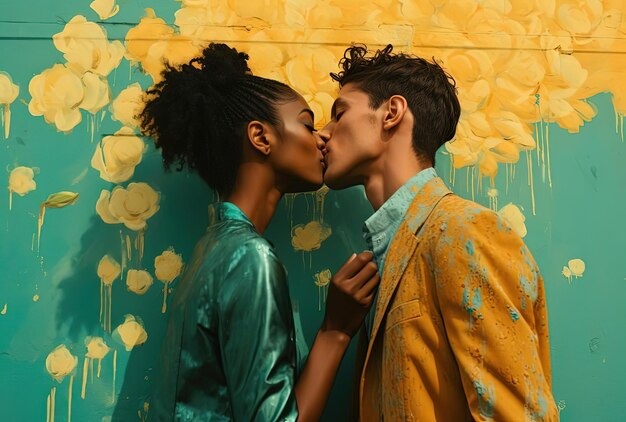 Foto una mujer y un hombre besándose en la superficie de una pared turquesa al estilo de la academia queer.