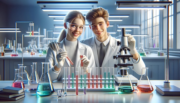 Una mujer y un hombre científico en un laboratorio realizando experimentos con líquidos coloridos en frascos surr