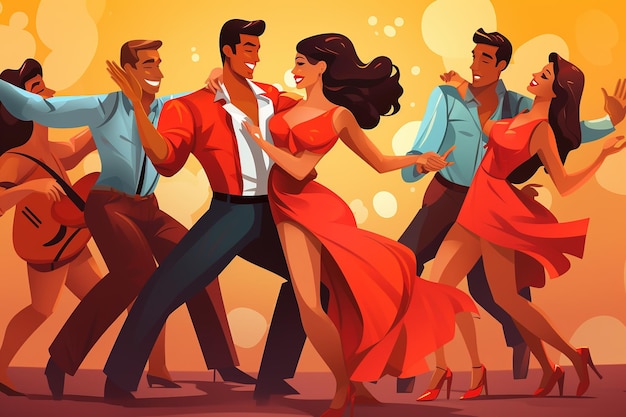 Mujer y hombre de dibujos animados felices bailarines disfrutan de salsa bachata tango y rumba generativo Ai