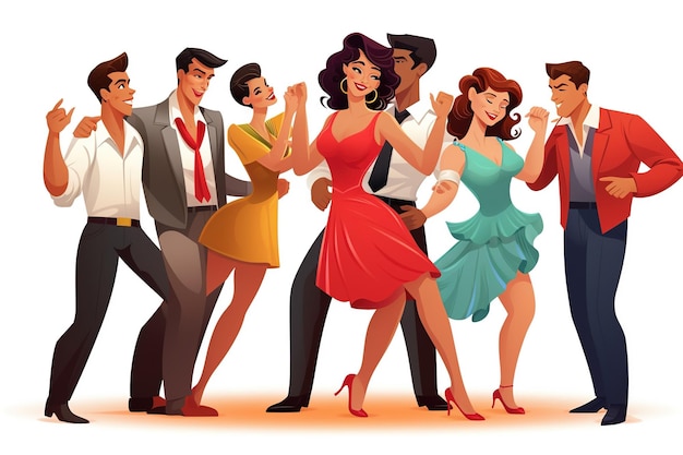 Mujer y hombre de dibujos animados felices bailarines disfrutan de salsa bachata tango y rumba generativo Ai