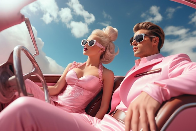 Una mujer y un hombre disfrazados de Barbie y Ken