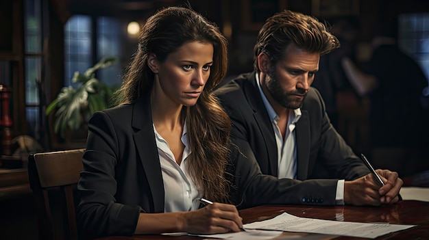 Una mujer y un hombre están mirando un documento que dice "la empresa está a punto de ser un hombre".