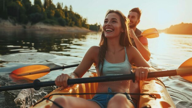 Foto una mujer y un hombre están remando un kayak amarillo en un lago