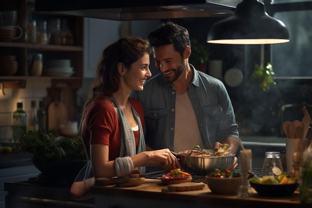 Mujer y hombre felices cocinando y preparando comida en la cocina con IA generativa