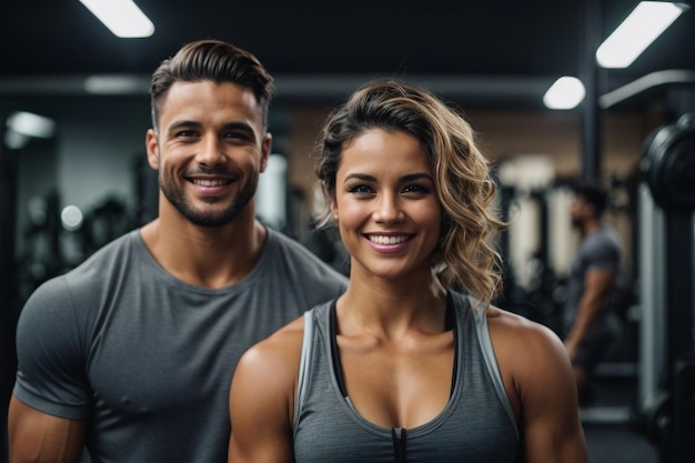 una mujer y un hombre en un gimnasio bombeados y entrenadores fuertes