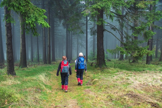 Mujer y hombre jubilados con mochilas de senderismo en el bosque de otoño