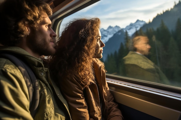 Mujer y hombre mirando a través de la ventana del tren a las montañas AI