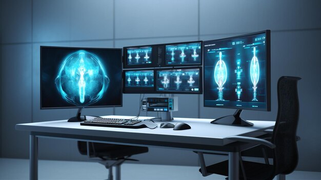 Mujer hombre moderno especialista en datos ingeniero tecnología radiografía doctor computadora seria futurista pantalla tecnología monitoreo
