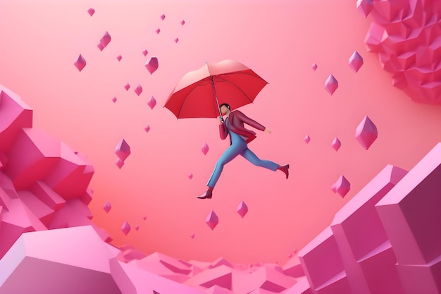 Una mujer, un hombre, un paraguas vuela a través de un paisaje rosa.