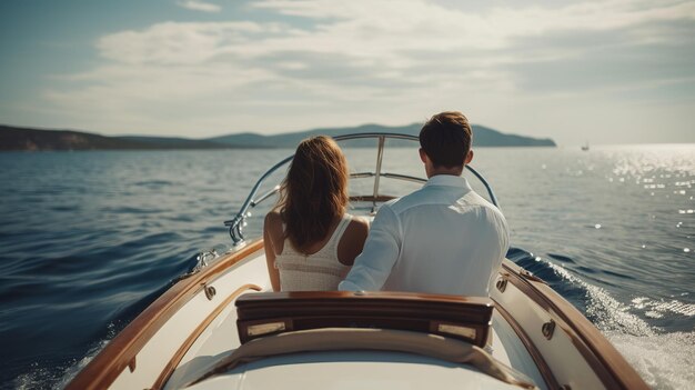 Mujer y hombre relajándose en un yate en un hermoso mar claro contra el lujo relajante de la puesta de sol