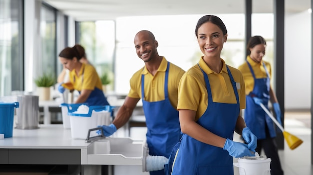 Foto una mujer y un hombre sonrientes en un uniforme de servicio de limpieza con colegas en el fondo que indican un equipo de limpeza profesional en el trabajo