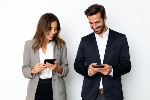 mujer y hombre con teléfono en fondo blanco