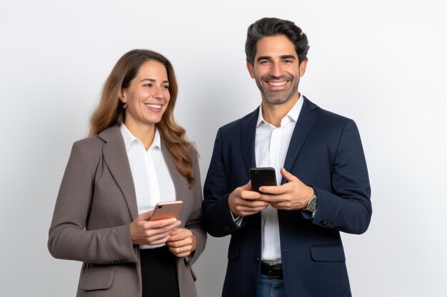 mujer y hombre con teléfono en fondo blanco