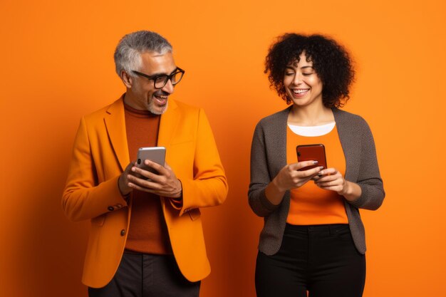 Foto mujer y hombre con teléfono en fondo naranja