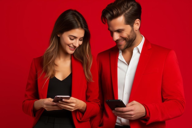 Mujer y hombre con teléfono en fondo rojo