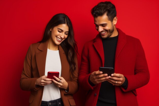 mujer y hombre con teléfono en fondo rojo