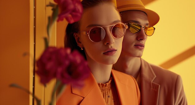 mujer y hombre usando coloridos y gafas de sol