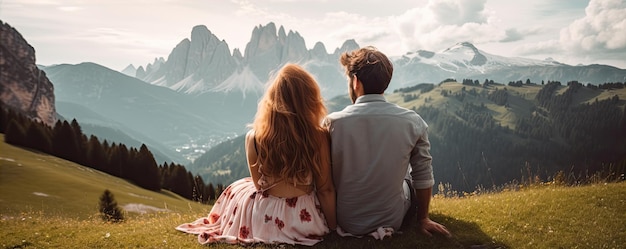 Mujer y hombre visitando los dolomitas montañas italianas pareja romántica en alta montaña bandera ancha