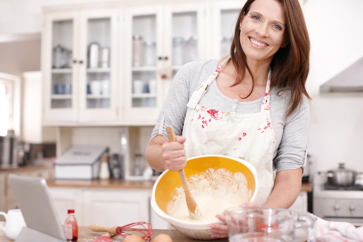 Foto mujer horneadora y retrato con sonrisa en la cocina para galletas de postre dulces o cupcakes en el hogar harina de horneador y persona femenina feliz con cuenco para mezclar ingredientes receta o pastel en pascua