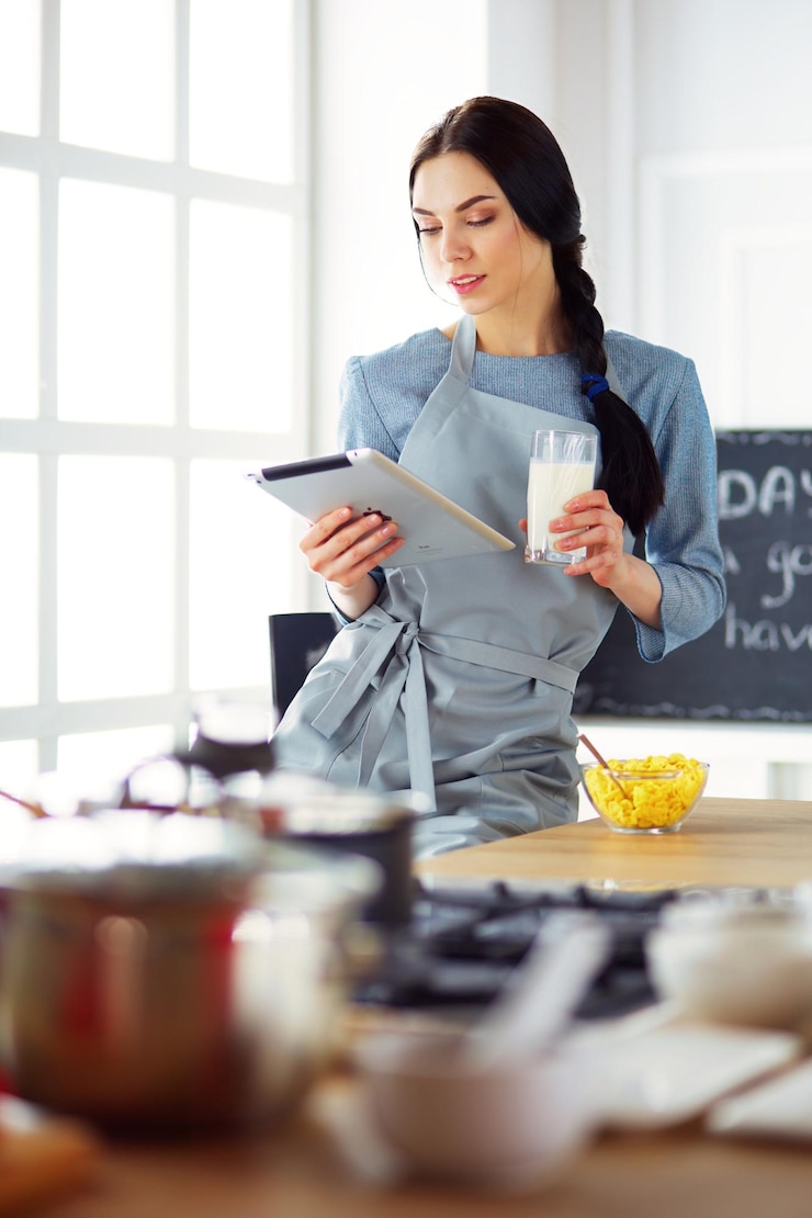 Foto mujer horneando en casa siguiendo la receta en una tableta