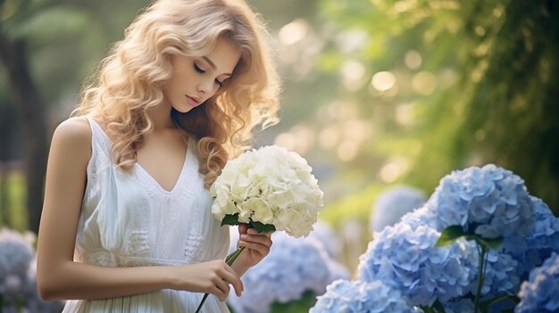 Una mujer huele a flores en el jardín de verano