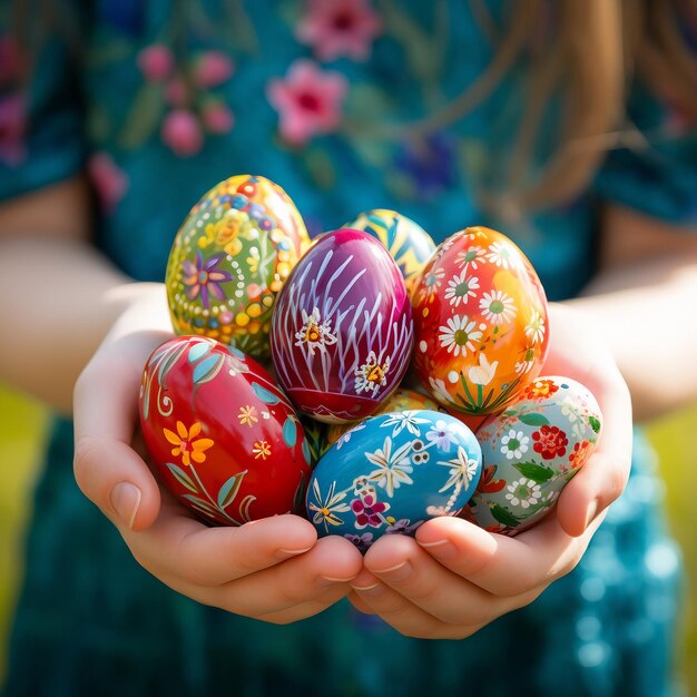 Mujer con huevos de Pascua de colores