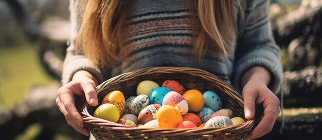 mujer con huevos pintados en la canasta de Pascua huevos de colores