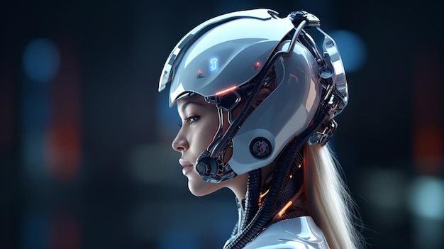 Mujer humana con casco al estilo de la tecnología futurista