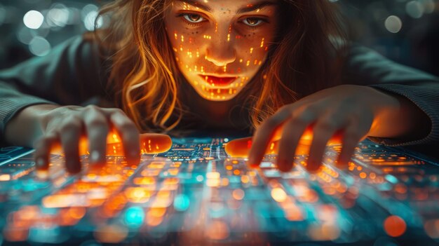 Foto mujer humana tocando los grandes datos los grandes datos y el concepto de tecnología de la información