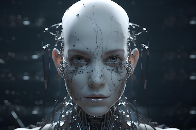 Mujer humanoide de inteligencia artificial con cabeza cableada