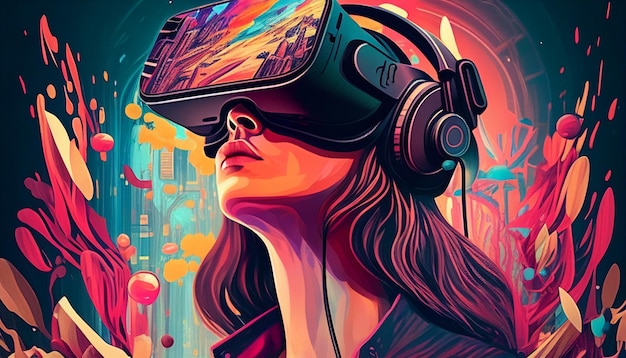 Mujer de IA generativa con auriculares VR explorando el metaverso