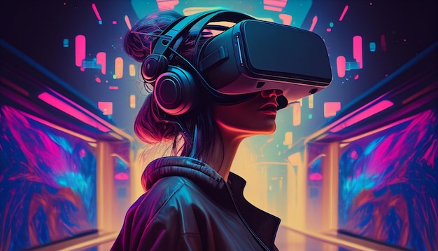 Mujer de IA generativa con auriculares VR explorando el metaverso