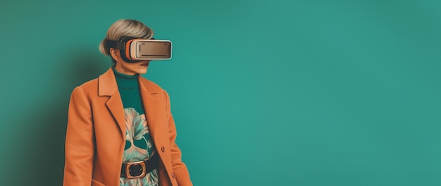 Foto mujer de ia nanner para el diseño con espacio de copia mujer retro lleva gafas vr en fondo verde vintage generación de ia