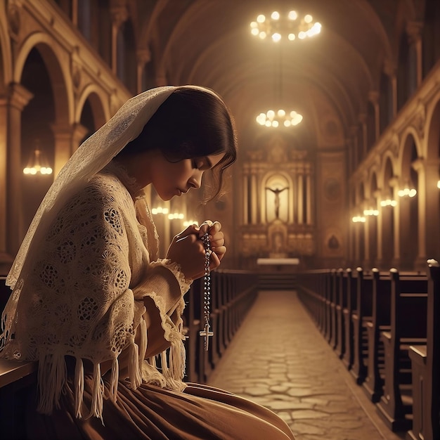 Foto una mujer en una iglesia vacía con un santo rosario en la mano