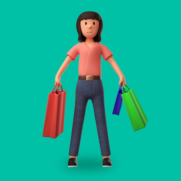 Mujer de ilustración de dibujos animados en 3D llevando bolsas de compras con una expresión feliz