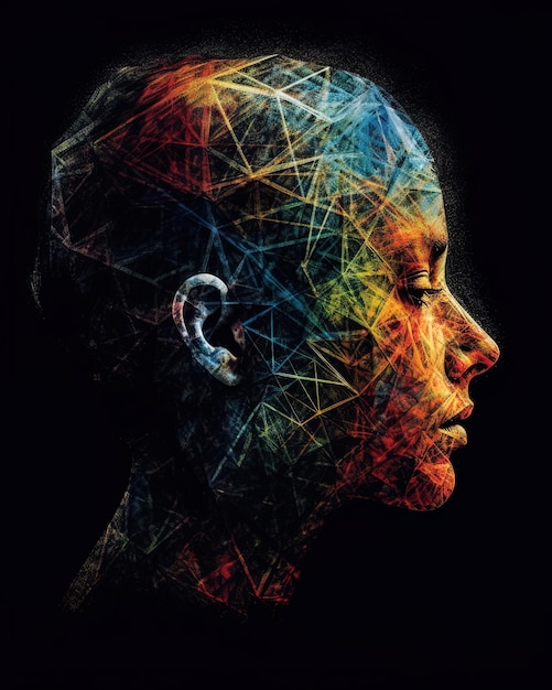 una mujer con una imagen colorida de un rostro humano