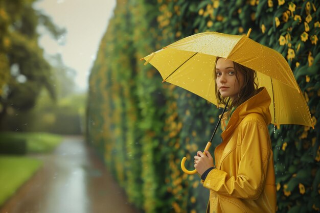 Foto una mujer con un impermeable amarillo con un paraguas amarillo está de pie junto a una pared de flores en la lluvia