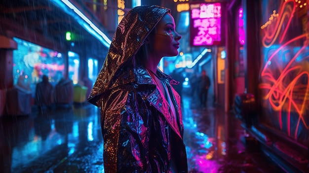 Una mujer con un impermeable en la lluvia