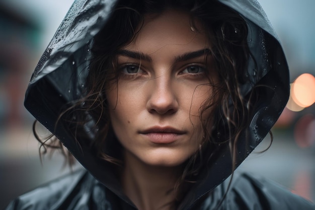 Una mujer con un impermeable negro de pie bajo la lluvia Imagen generativa de IA