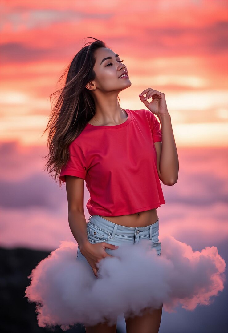 Mujer impresionante con una camiseta casual y pantalones cortos en una nube con nubes
