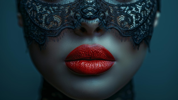 Mujer impresionante con labios rojos y máscara de encaje cubriendo sus ojos