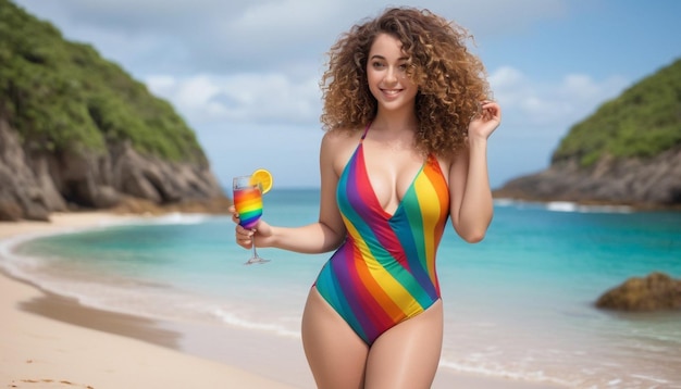 Una mujer impresionante con lujosos cabellos rizados vestida con un traje de baño vibrante sostiene un vaso de colores arco iris