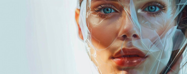 Mujer impresionante con ojos azules cautivadores posa con una película de plástico transparente