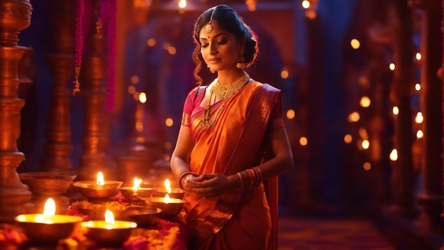 Una mujer con un impresionante sari y sus manos levantadas en oración iluminadas por la suave luz de las diyas.