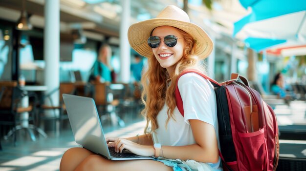 Mujer independiente feliz con sombrero y gafas de sol trabaja con computadora portátil mientras viaja