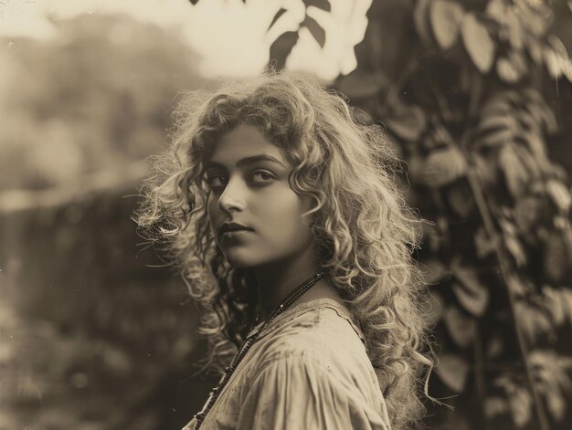 Una mujer india adolescente fotorrealista con cabello rubio y rizado. Ilustración vintage.