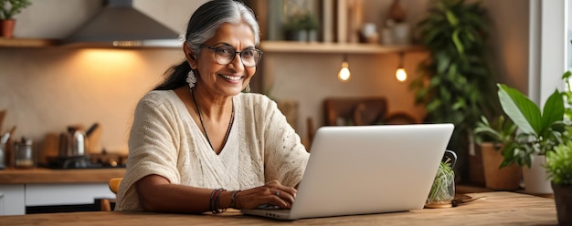 Mujer india anciana sonriente con gafas usando una computadora portátil en una mesa de madera en una cocina rústica en casa