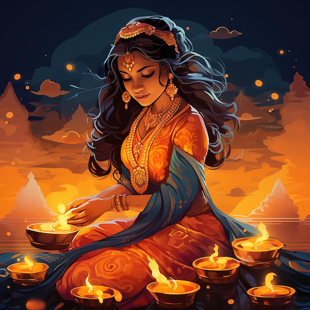 Mujer india arrodillada junto a velas celebrando Diwali