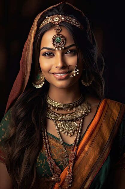 Mujer india con cabello negro en sari