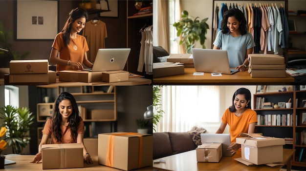 Foto una mujer india con cajas de parto